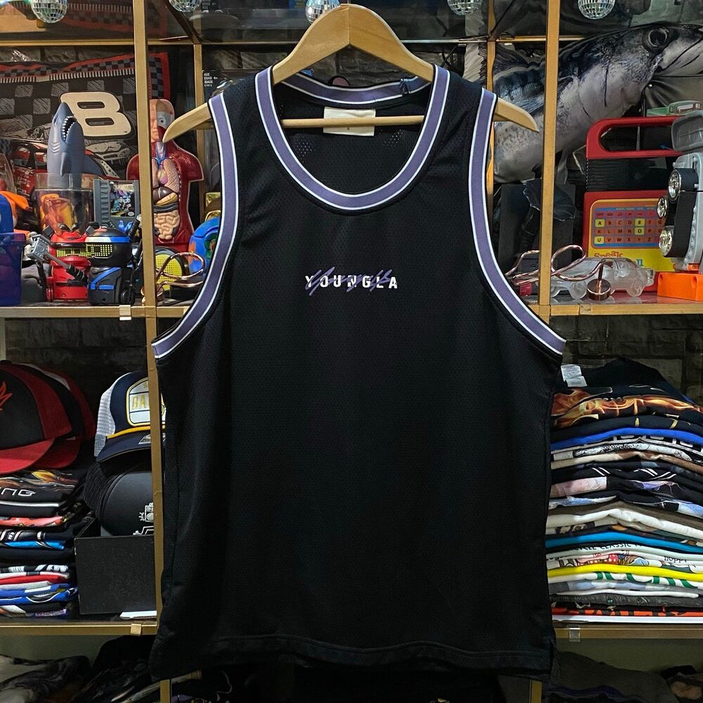 YoungLA Mens Mesh Basketball Jersey Tank Top Black Purple XIV Roman Numerals